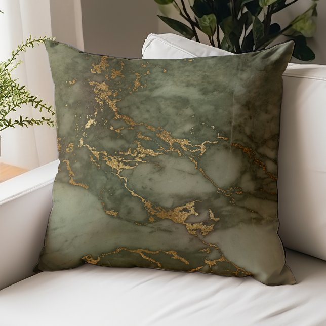 Luxury Olive Green and Gold Marble Throw Pillow (Creator Uploaded)
