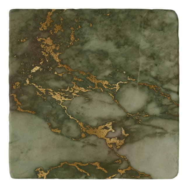 Luxury Olive Green and Gold Marble Trivet (Front)