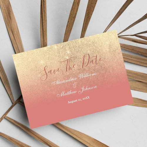 Luxury ombre coral gold glitter glam Save The Date