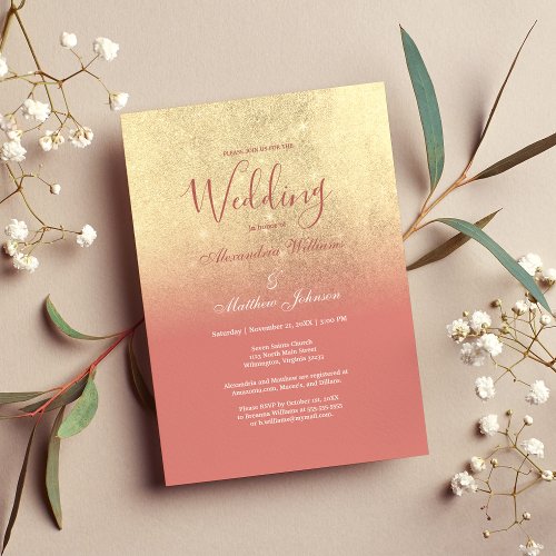 Luxury ombre coral gold glitter glam Wedding Invitation