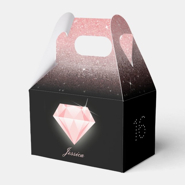 Luxury Ombre Pink Glitter Diamond Birthday Black Favor Boxes (Front Side)