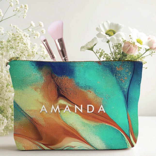 Luxury orange aqua faux gold glitter marble art  accessory pouch (Creator Uploaded)