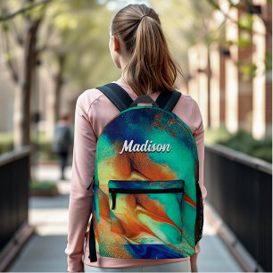 Luxury orange aqua faux gold glitter marble art  printed backpack