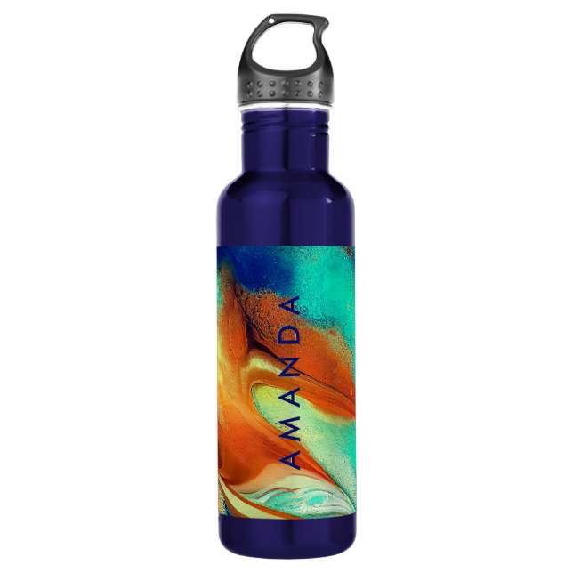 Luxury orange aqua faux gold glitter marble art  stainless steel water bottle (Front)