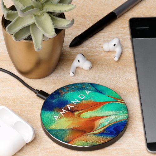 Luxury orange aqua faux gold glitter marble art  wireless charger 