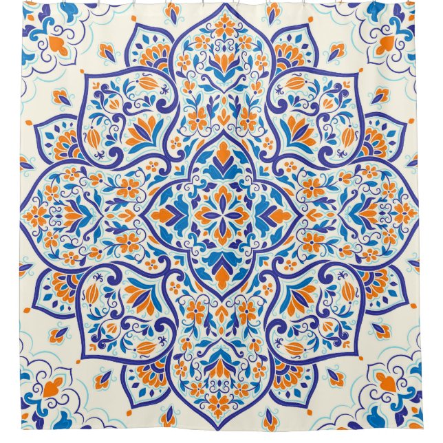 Luxury Orange Blue Ornament Pattern Shower Curtain (Front)