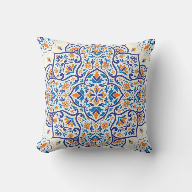 Luxury Orange Blue Ornament Pattern Throw Pillow (Front)