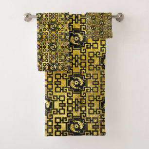 Luxury Oriental Gold on Black Koi Fish Pattern Bath Towel Set