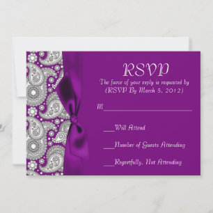 Luxury Ornament Purple Ribbon Damask RSVP card