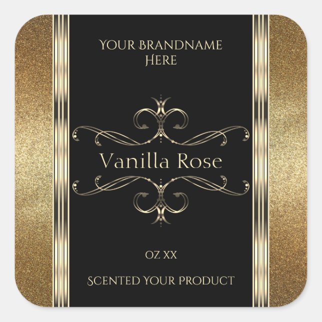 Luxury Ornamental Gold Glitter Black Product Label (Front)