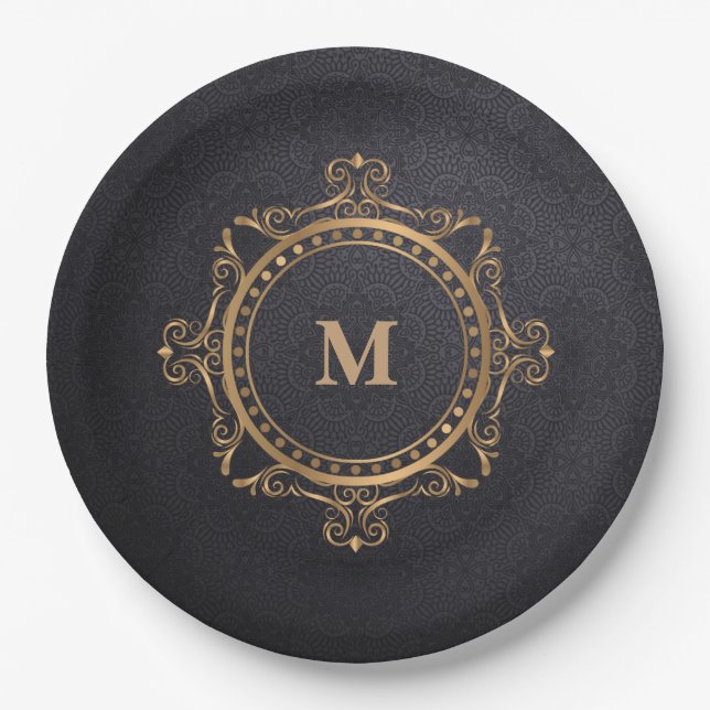 Luxury ornamental mandala black monogram paper plates (Front)