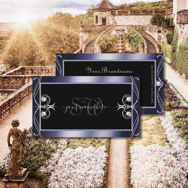 Luxury Ornate Black Blue Sparkle Diamonds Initials Business Card (Creator Uploaded)