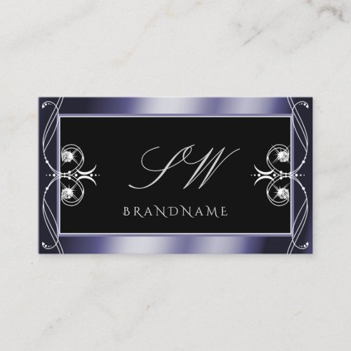 Luxury Ornate Black Blue Sparkle Diamonds Monogram Business Card