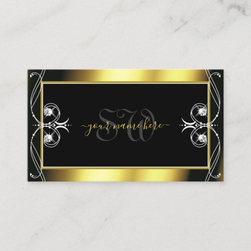 Luxury Ornate Black Gold Sparkle Jewels Monogram Business Card