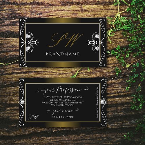 Luxury Ornate Black Golden Sparkle Jewels Initials Business Card