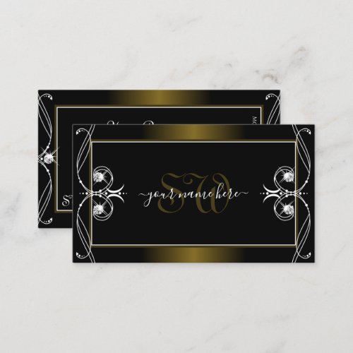 Luxury Ornate Black Golden Sparkle Jewels Monogram Business Card