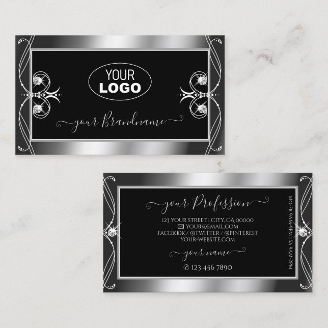 Luxury Ornate Black Silver Sparkle Jewels Add Logo Business Card (Front/Back)