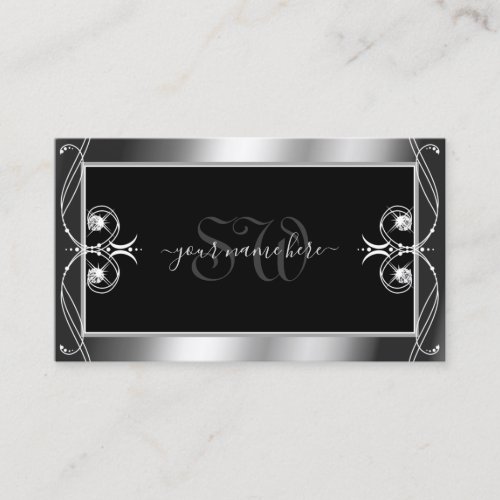 Luxury Ornate Black Silver Sparkle Jewels Initials Business Card