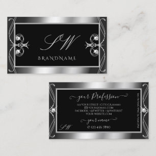 Luxury Ornate Black Silver Sparkle Jewels Monogram Business Card