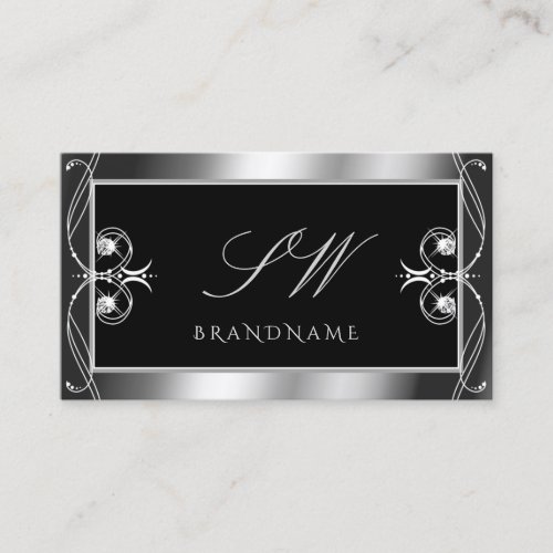 Luxury Ornate Black Silver Sparkle Jewels Monogram Business Card