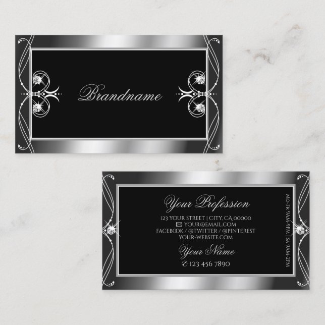 Luxury Ornate Black Silver Sparkle Jewels Stylish Business Card (Front/Back)