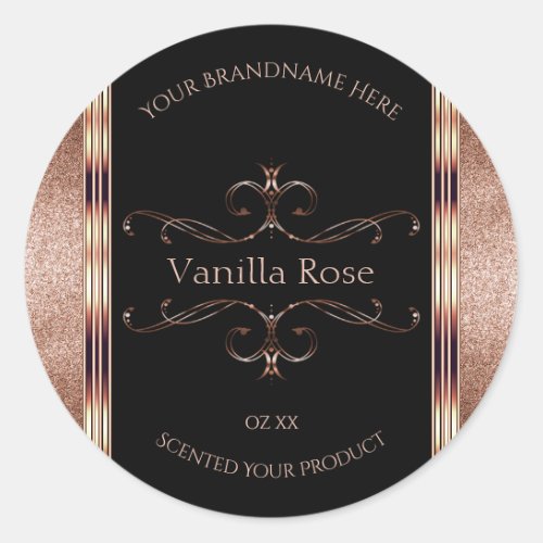 Luxury Ornate Rosegold Glitter Black Product Label