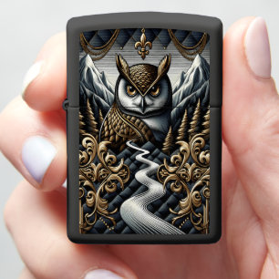 Luxury Owl Mountain Ocean Leather Art Zippo Lighter