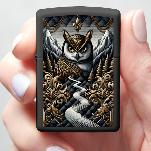 Luxury Owl Mountain Ocean Leather Art Zippo Lighter (In Hand)