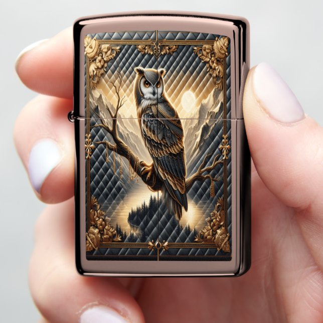 Luxury Owl Perch Ocean Leather Art Zippo Lighter (In Hand)