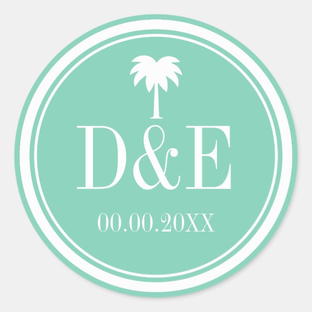 Luxury palm tree monogram beach wedding stickers (Front)