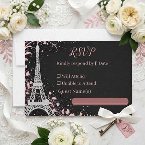 Luxury Parisian Blush Pink Silver Glitter Wedding RSVP Card