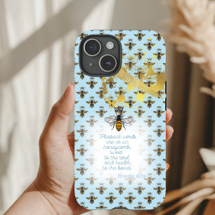 Luxury Pastel Blue Gold Bee Grid Faith Queen Bee iPhone 15 Case