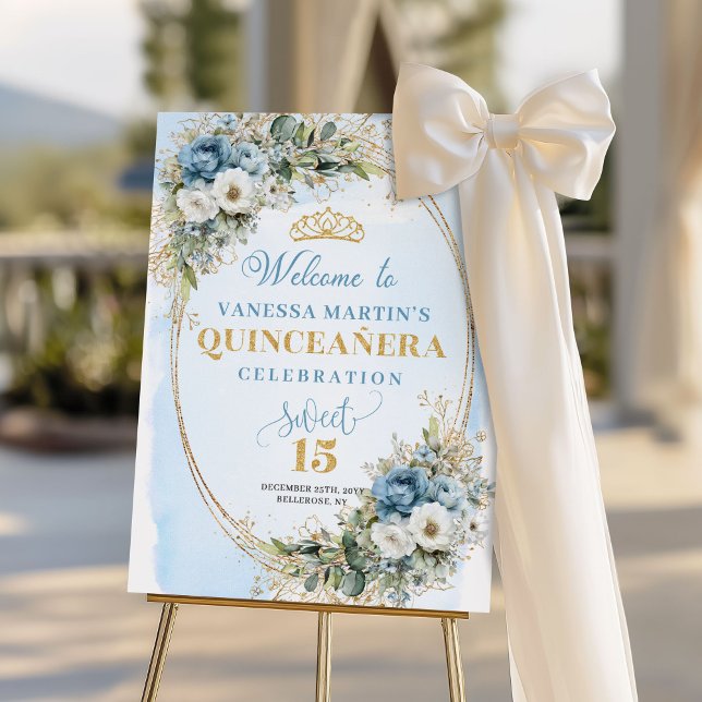 Luxury Pastel Blue Gold Eucalyptus Quinceañera   Foam Board (Luxury Pastel Blue Gold Eucalyptus Quinceañera Welcome)