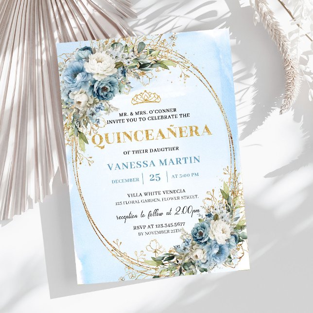 Luxury Pastel Blue Gold Eucalyptus Quinceañera Invitation (Luxury Pastel Blue Gold Eucalyptus Quinceañera)