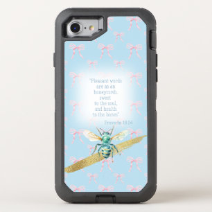 Luxury Pastel Blue Pink Bow Faith Turquoise Bee OtterBox Defender iPhone SE/8/7 Case