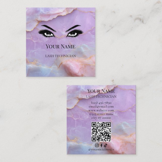 Luxury Pastel Marble Lash Artist QR code  Square Business Card (Front/Back)