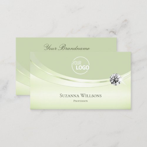 Luxury Pastel Sage Green with Logo and Diamond Business Card