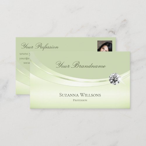 Luxury Pastel Sage Green with Photo and Diamond Business Card