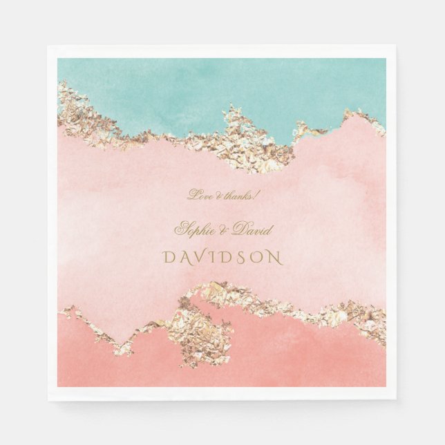 Luxury Pastel Watercolour Gold Foil Wedding Napkins (Front)