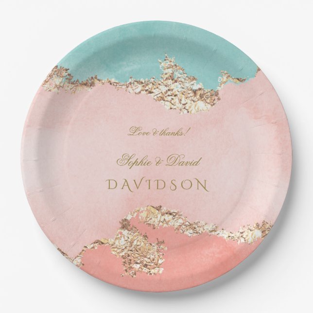 Luxury Pastel Watercolour Gold Foil Wedding Paper Plates (Front)