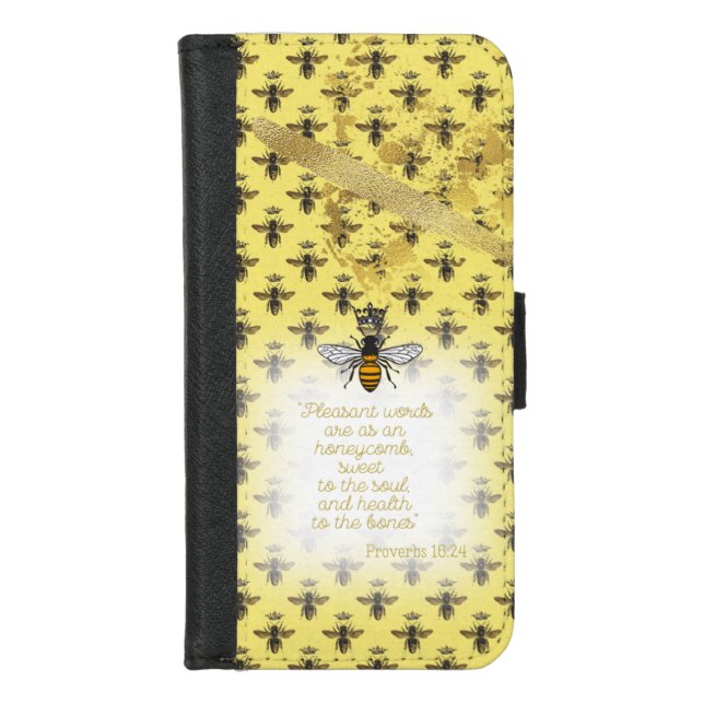 Luxury Pastel Yellow Gold Bee Grid Bible Queen Bee iPhone Wallet Case (Front)