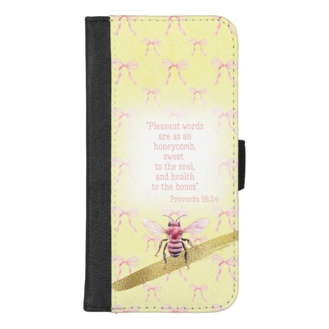 Luxury Pastel Yellow Pink Bow Scripture Pink Bee iPhone Wallet Case (Front)