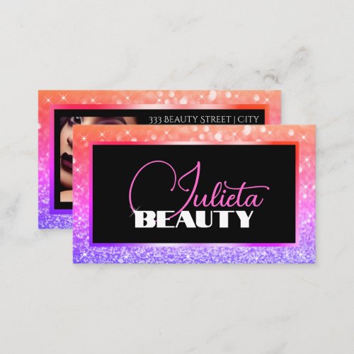 Luxury Peach Pink Sparkle Glitter Photo Template Business Card