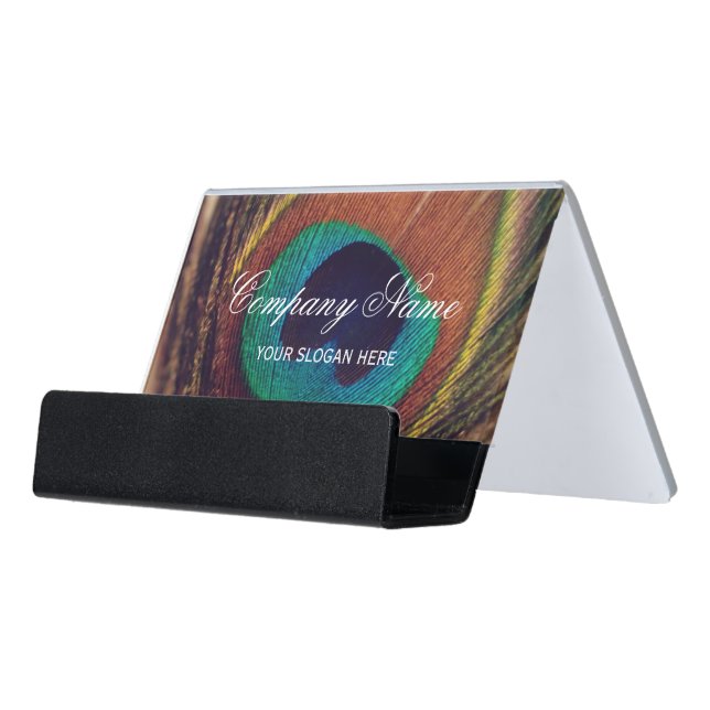 Luxury peacock feather peafowl eye custom desk business card holder (Angled Front)