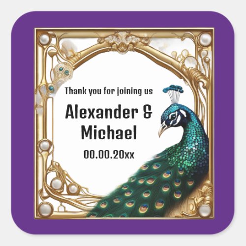 Luxury peacock pearls art nouvea thank you purple square sticker