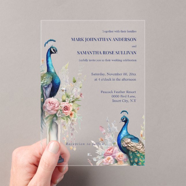Luxury Peacock Pink Roses Wedding  Acrylic Invitations (Insitu (Handheld))