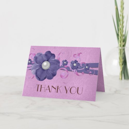 Luxury Pearl Floral Lavender Damask Thank you card