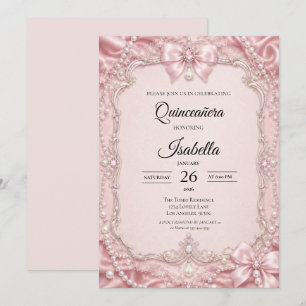 Luxury Pearls Pink Glitter Quinceañera Invitation