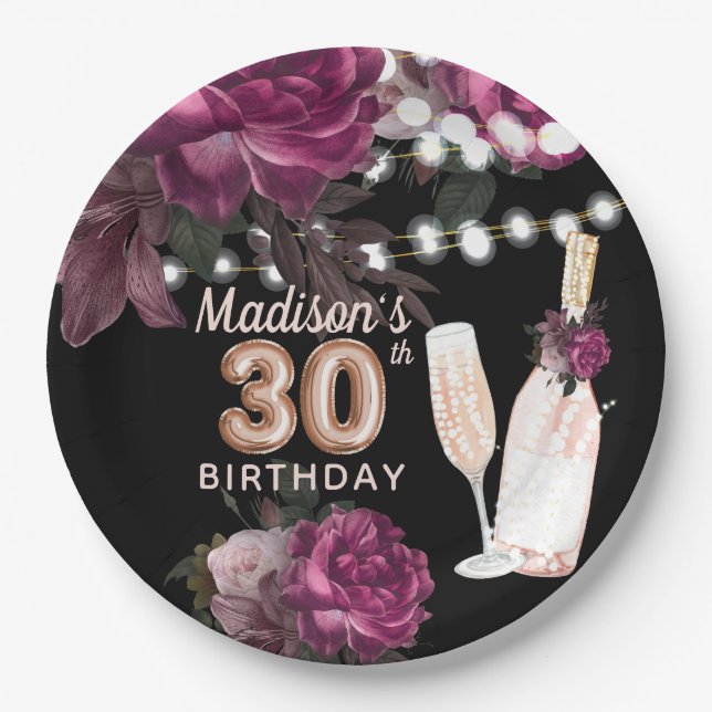 Luxury Personalized 30th Birthday Wine Rose Paper Plates (Front)