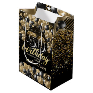Luxury Personalized 50th Birthday Black Gold Medium Gift Bag